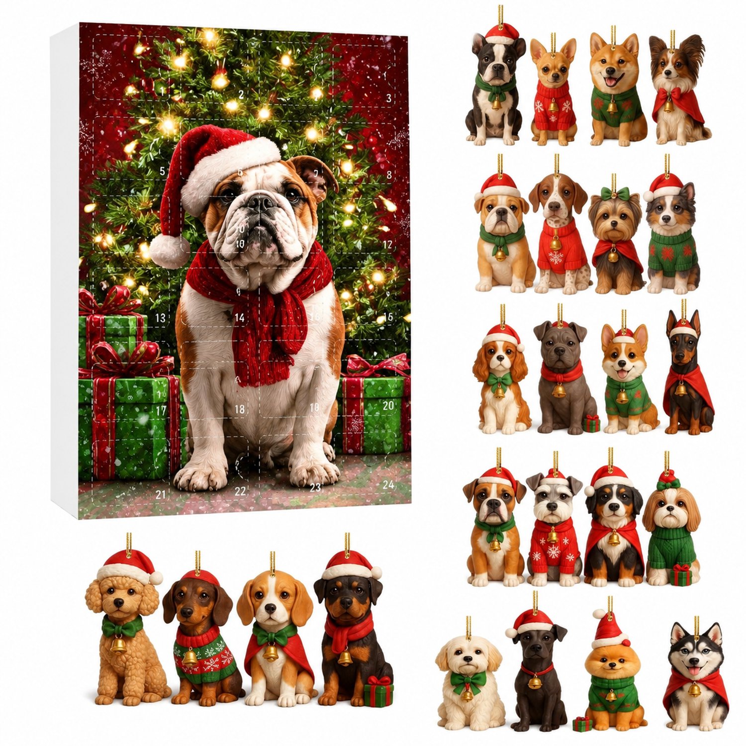 Adventskalender 2026 met 24 platte acrylhangers - Honden in kerstthema - Kerstboomdecoratie