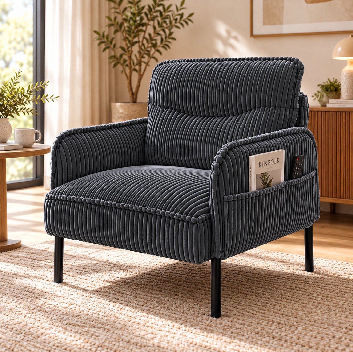 Wishdor Fauteuil voor één persoon - Zachte ribstof en hoge rugleuning - Armleuningen en zijvakken - Metalen poten - Voor lezen en ontspannen in woonkamer of slaapkamer - Grijs - 73 x 69 x 83 cm