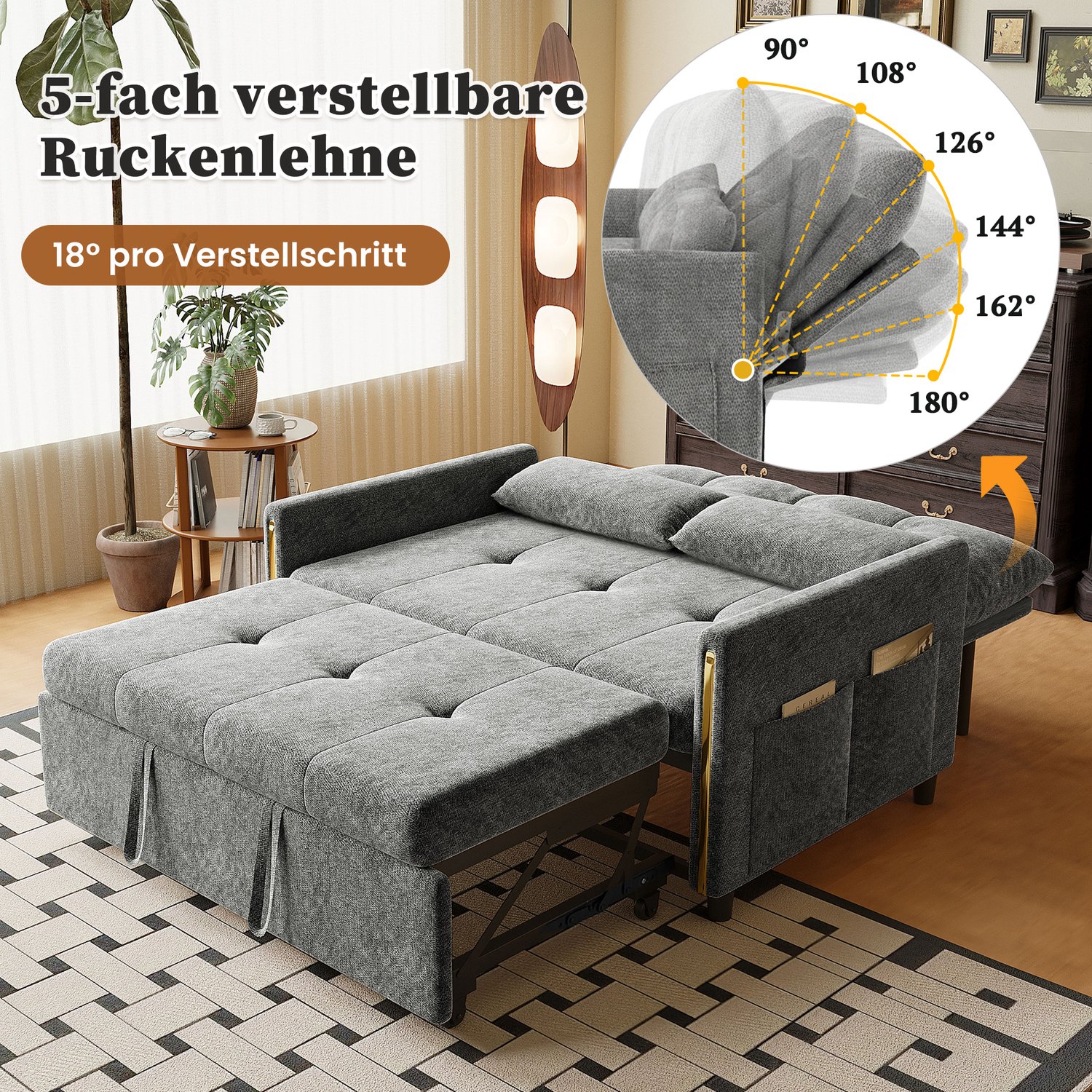 MIVRAY Slaapbank 125 x 83 x 93 cm - Verstelbare Rugleuning en Uitschuifbed - Voor Woonkamer en Logeerkamer - Chenillestof - Grijs