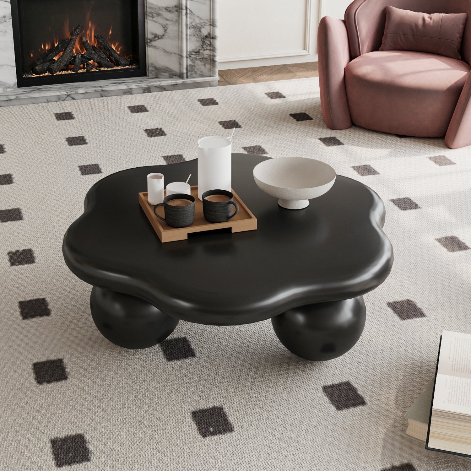 DantefHandels 80Cm zwart wolkvormige salontafel, moderne minimalistische salontafel in bloemvorm with bolvormige poten, matzwart kind- en huisdiervriendelijk ruimtebesparende woonkamertafel voor kleine appartementen, Matte Blac