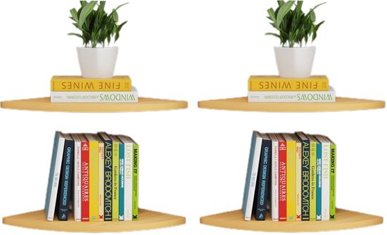 Vier lichtbruine houten hoekplanken, elk ingericht met een plant en een reeks boeken op de onderste plank.
