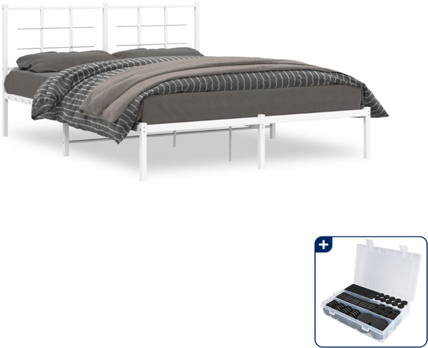 vidaXL Bedframe Queensize 160 x 200 cm - metaal - wit - Inclusief antikrasvilt 177-delig
