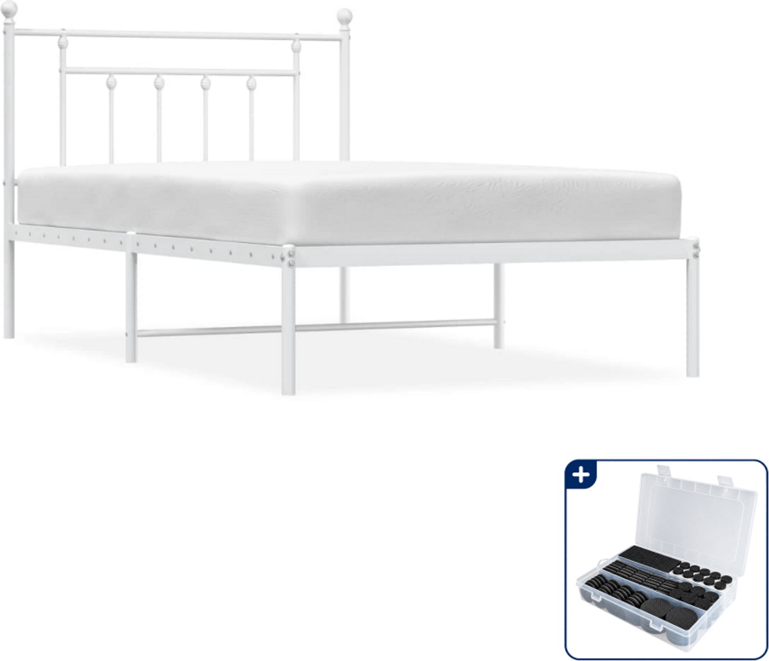 vidaXL bedframe met hoofdbord - 107 x 203 cm - staal - wit - Inclusief antikrasvilt 177-delig