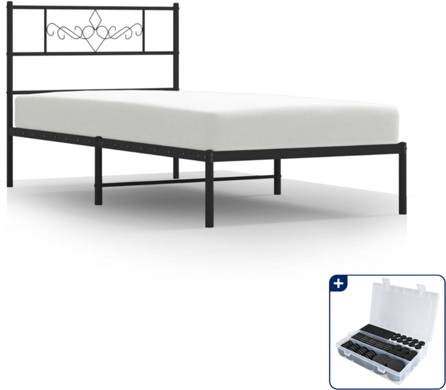 vidaXL bedframe met hoofdbord - 90 x 190 cm - staal - zwart - Inclusief antikrasvilt 177-delig