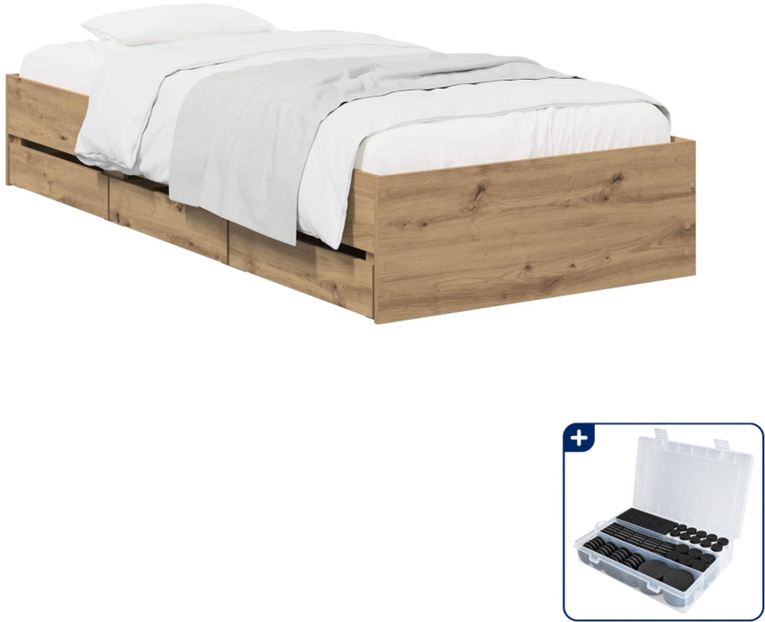 vidaXL bedframe met opbergruimte - 90 x 200 cm - bewerkt hout - eiken - Inclusief antikrasvilt 177-delig