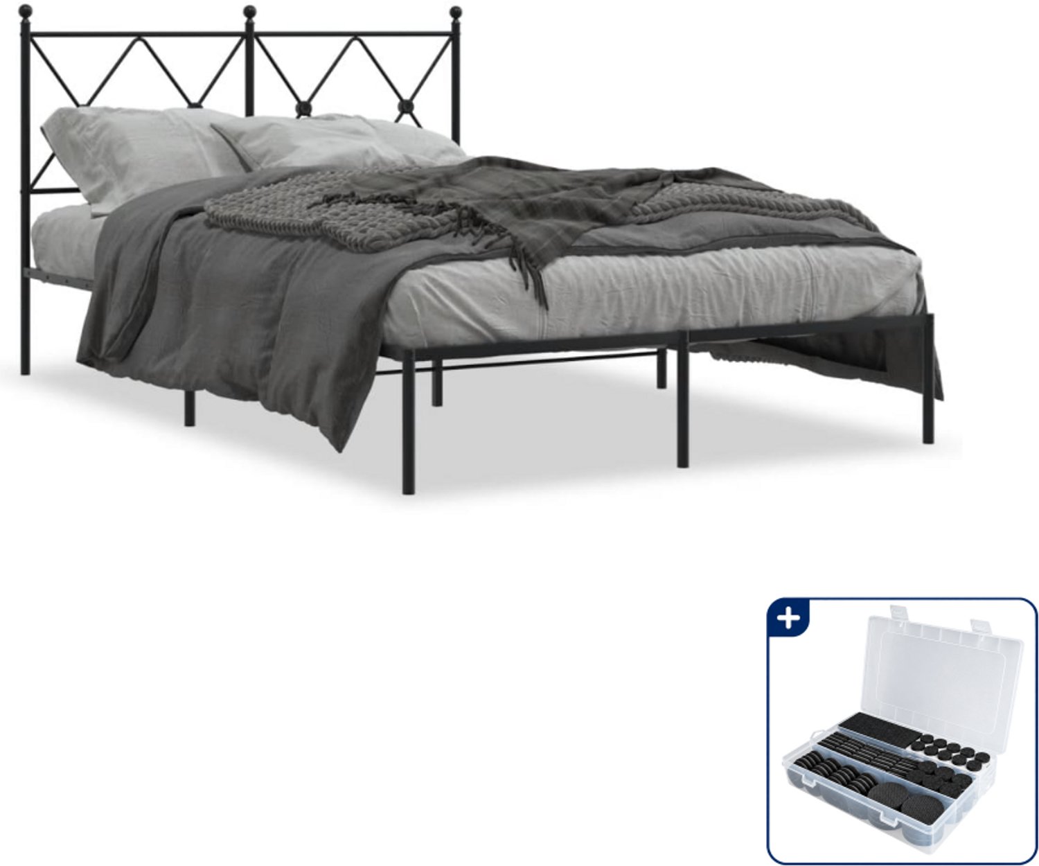vidaXL bedframe met hoofdbord - 120 x 190 cm - staal - zwart - Inclusief antikrasvilt 177-delig