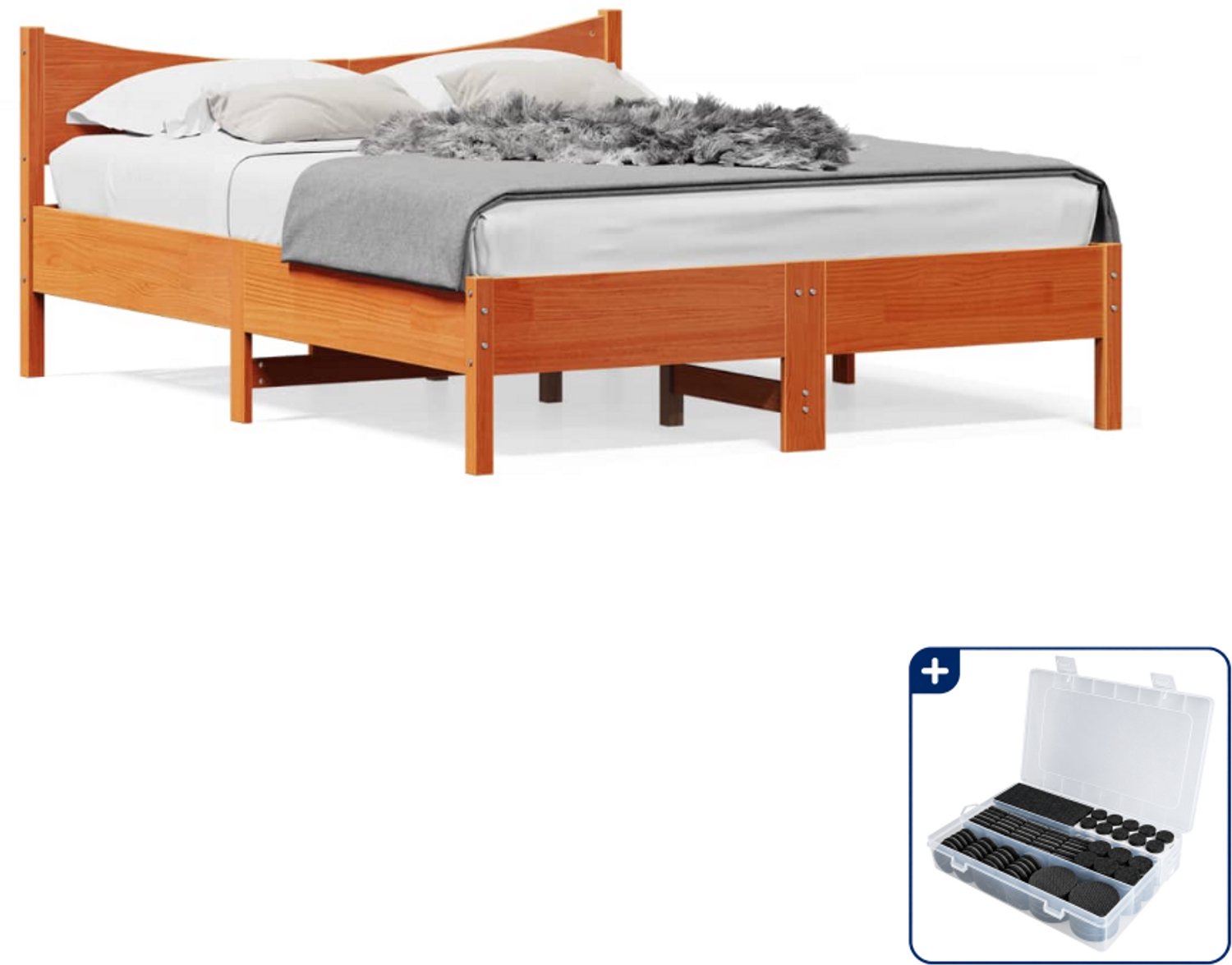 vidaXL bedframe 140 x 190 cm - massief grenenhout - wasbruin - Inclusief antikrasvilt 177-delig