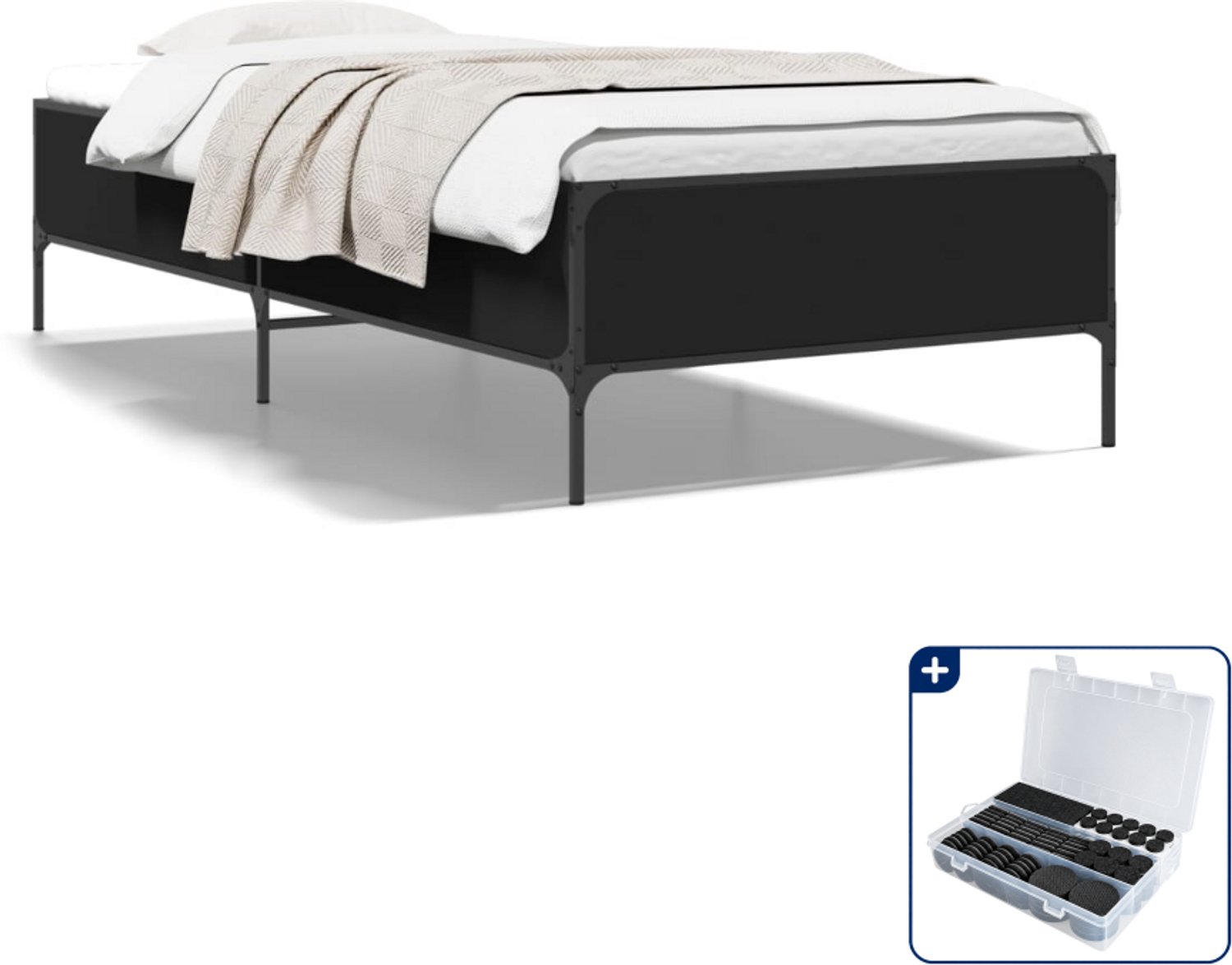 vidaXL bedframe - 75 x 190 cm - bewerkt hout en metaal - zwart - Inclusief antikrasvilt 177-delig