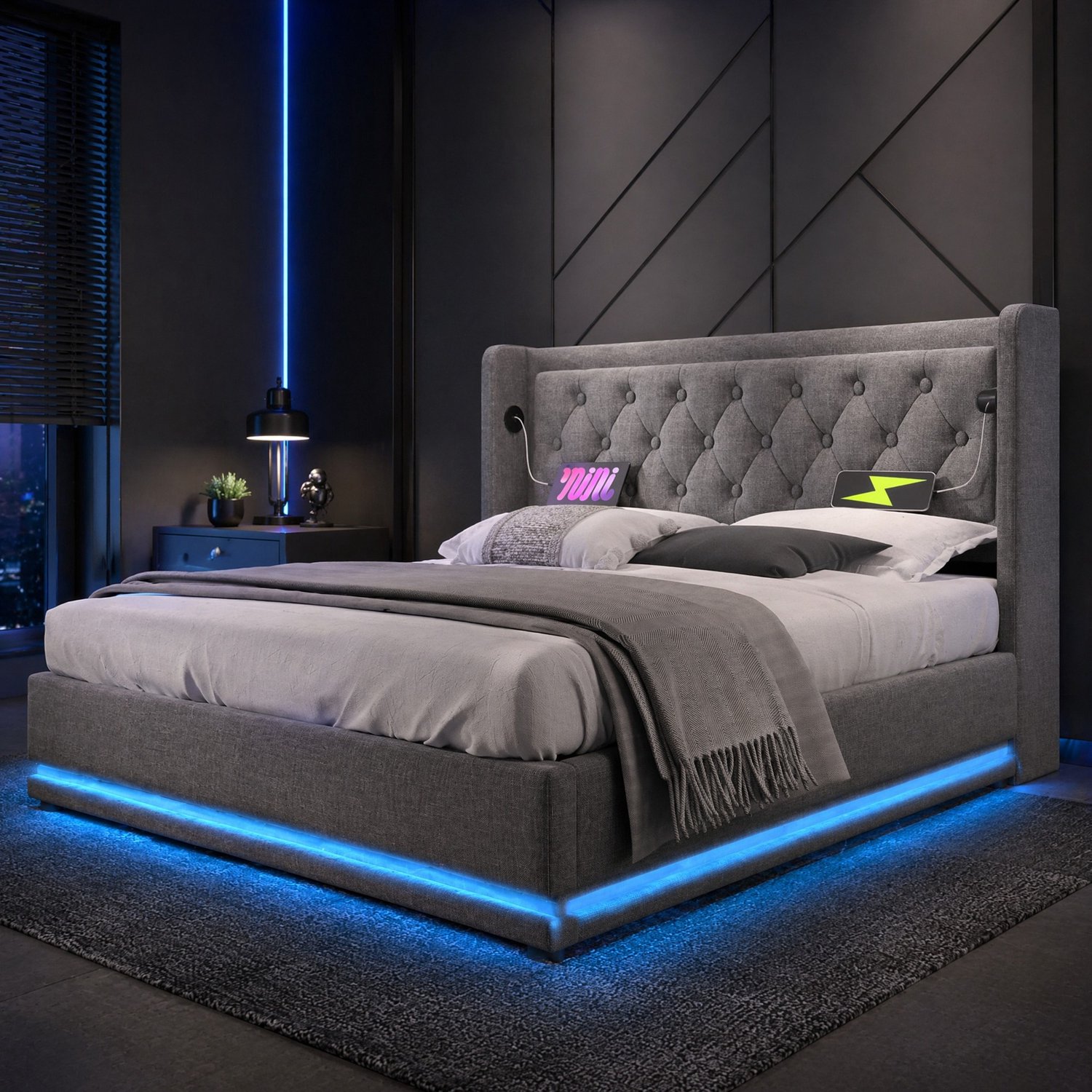 Maisentiel Grijs gestoffeerd tweepersoonsbed 180 x 200 cm met opbergruimte, USB-C en LED