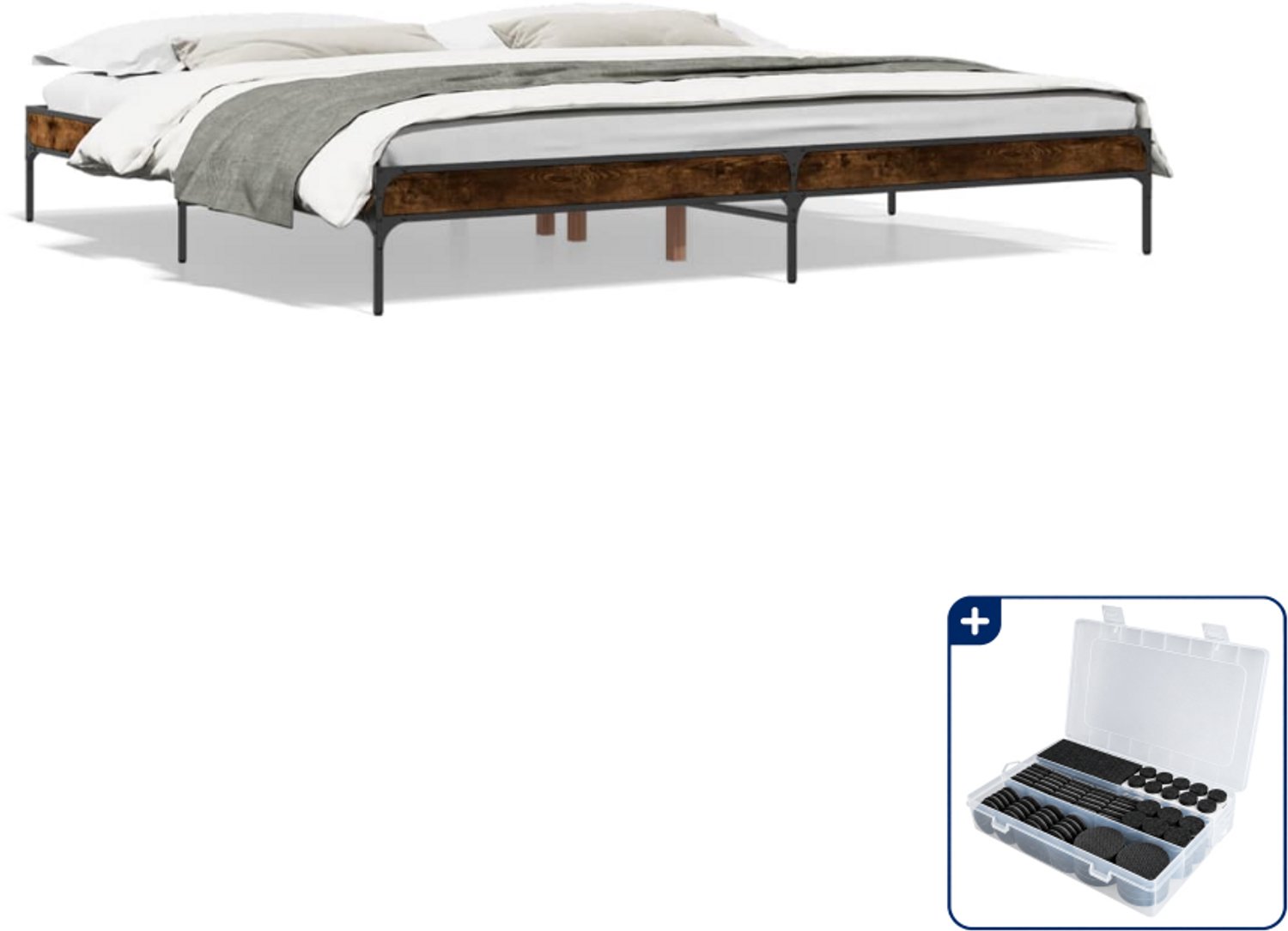 vidaXL bedframe - 200 x 200 cm - bewerkt hout en metaal - gerookt eiken - Inclusief antikrasvilt 177-delig Bruin