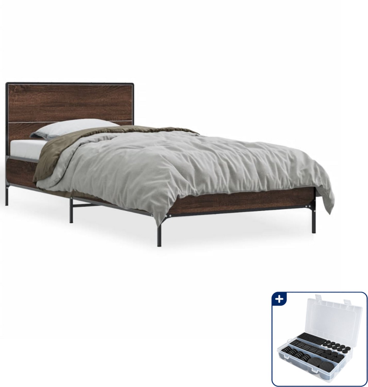 vidaXL bedframe - 100 x 200 cm - bewerkt hout en metaal - bruineiken - Inclusief antikrasvilt 177-delig
