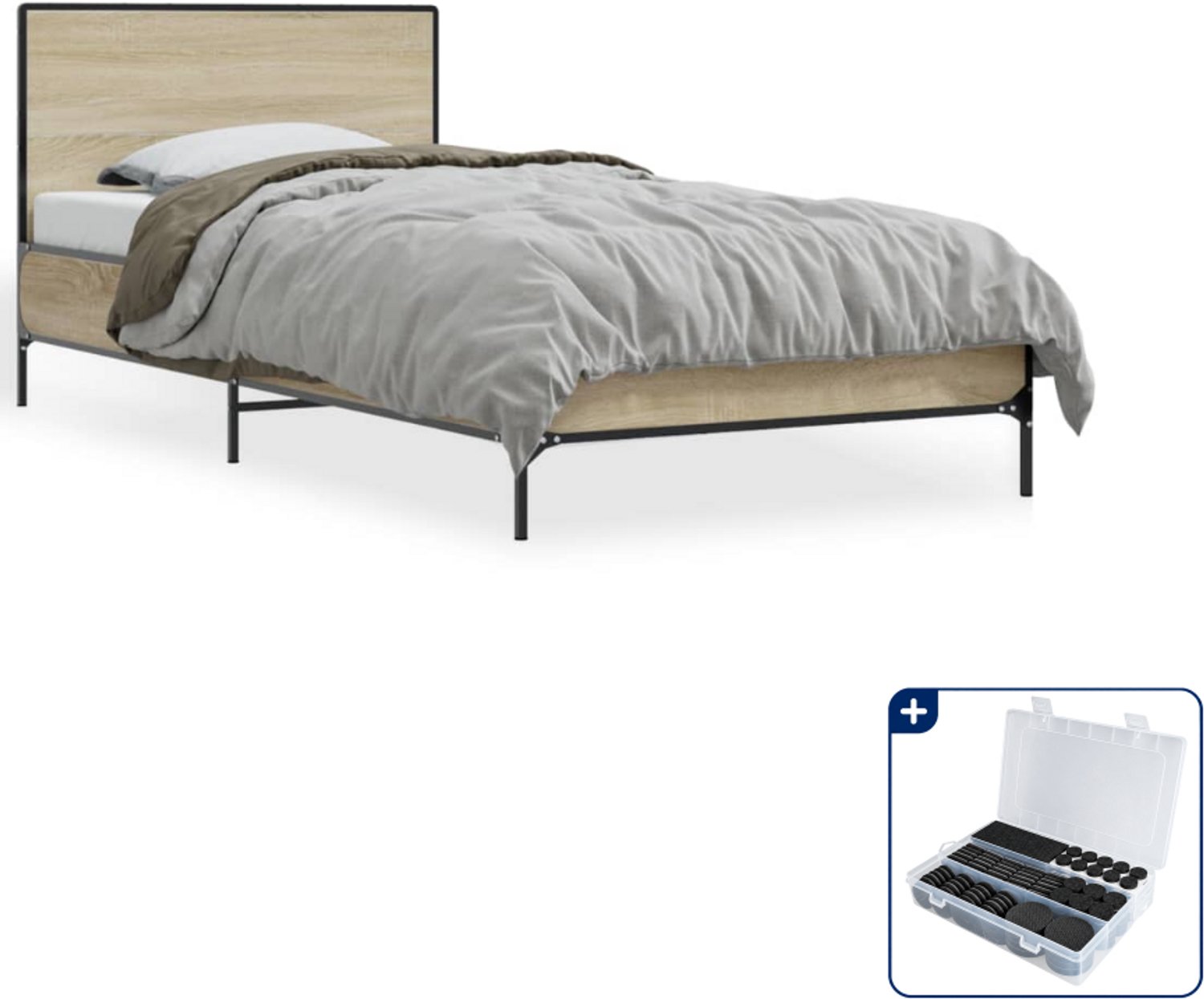 vidaXL bedframe - 75 x 190 cm - bewerkt hout en metaal - sonoma eiken - Inclusief antikrasvilt 177-delig Bruin