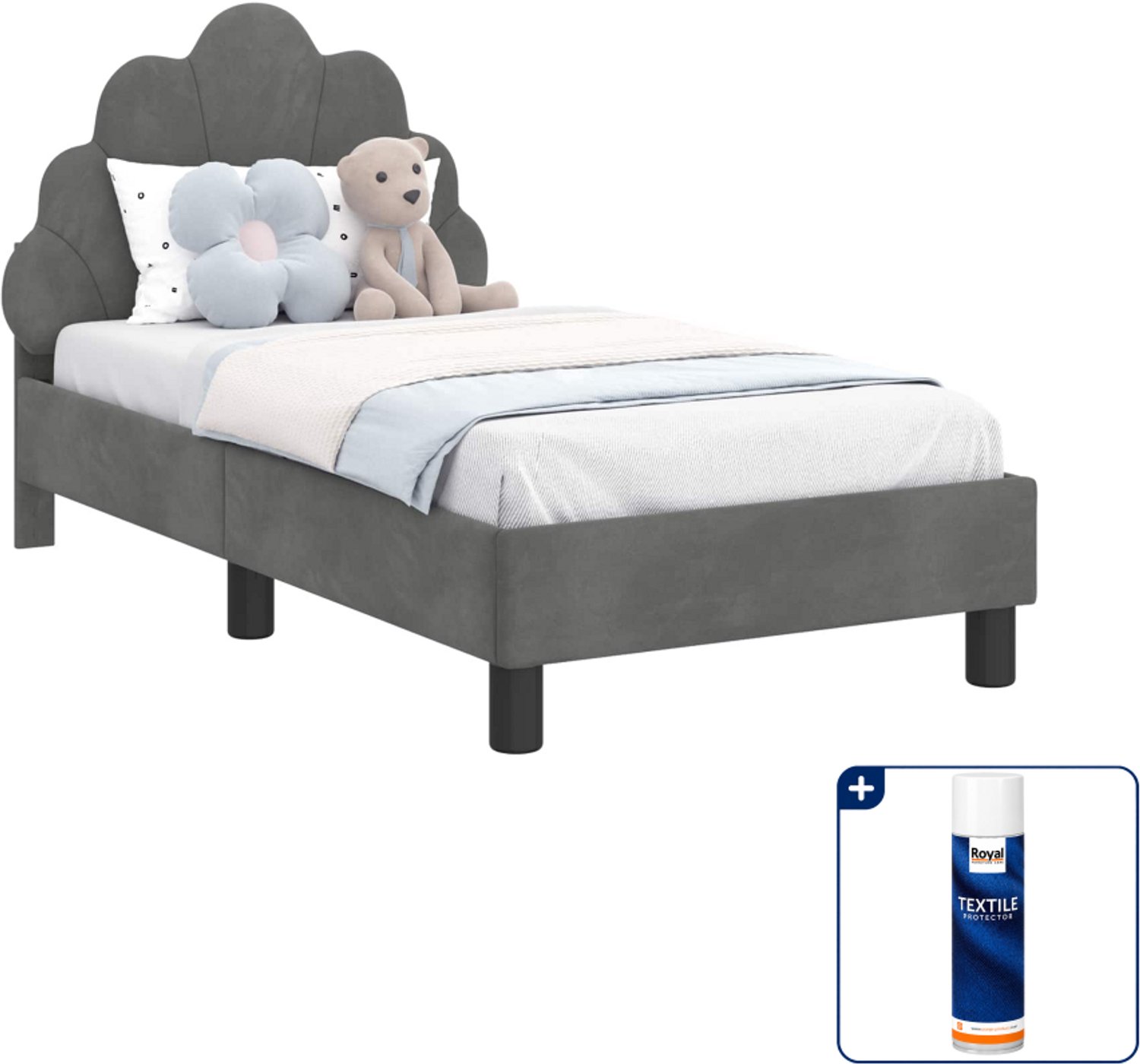 vidaXL peuterbedframe - 70 x 140 cm - fluweel - donkergrijs - Inclusief textielbeschermer 500 ml