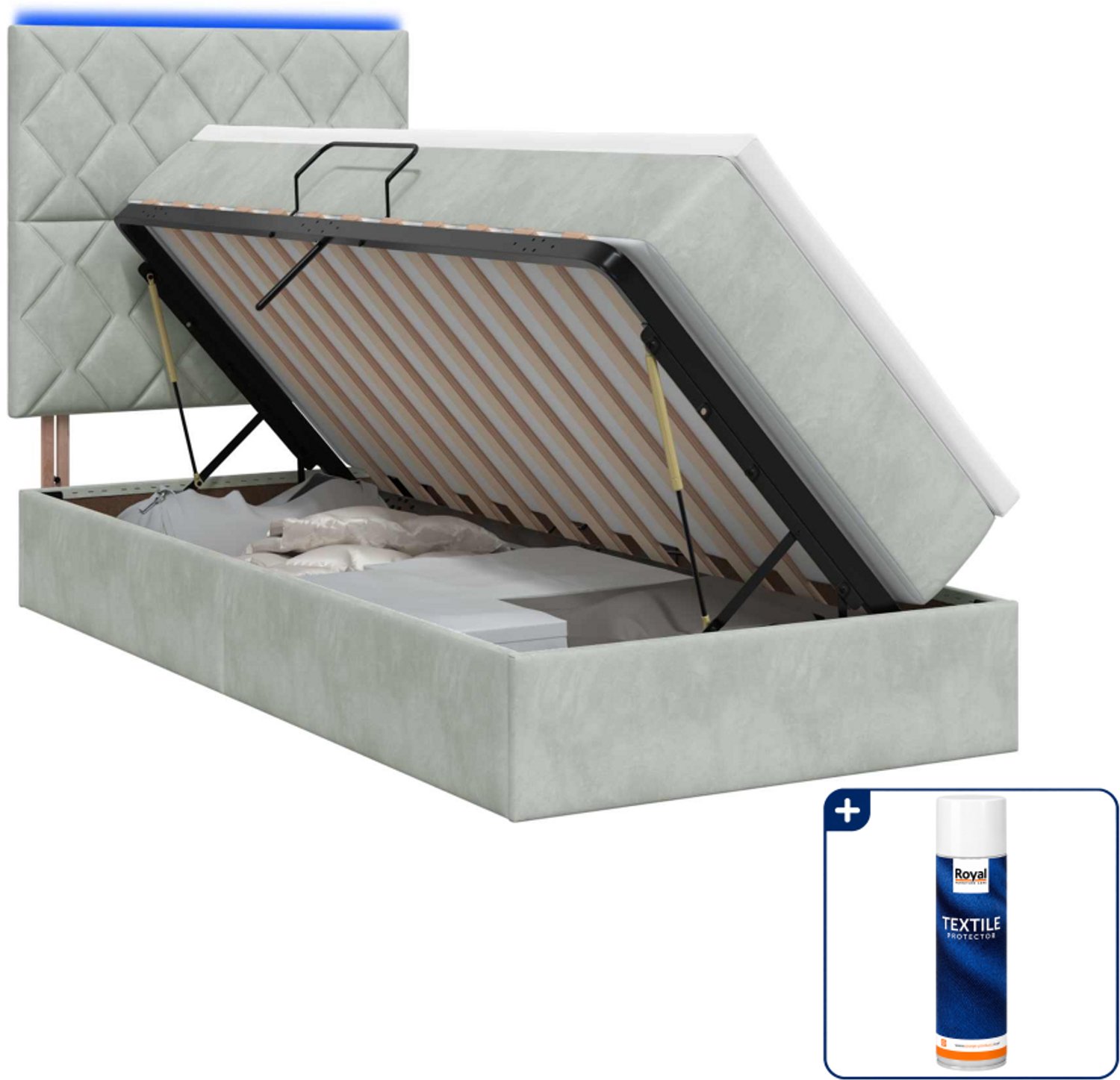 vidaXL led opslagbed met matras - 90 x 200 cm - fluweel - lichtgrijs - Inclusief textielbeschermer 500 ml