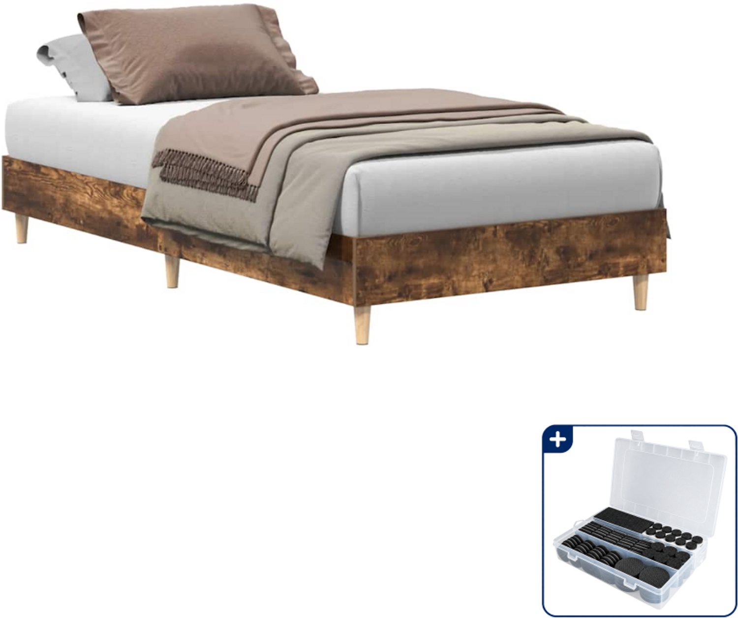 vidaXL bedframe - 100 x 200 cm - bewerkt hout - gerookt eiken - Inclusief antikrasvilt 177-delig Bruin