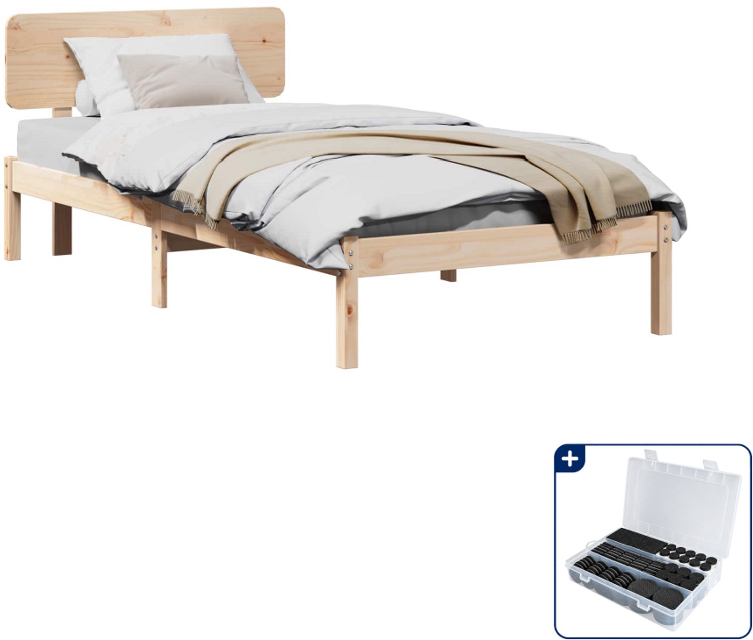 vidaXL Bedframe met hoofdeinde - 90 x 200 cm - massief grenenhout - Inclusief antikrasvilt 177-delig Bruin