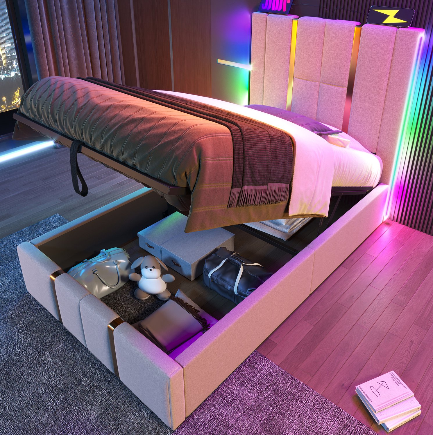 Maisentiel Gestoffeerd eenpersoonsbed 90 x 200 cm met opbergruimte, ledverlichting en USB-C - beige