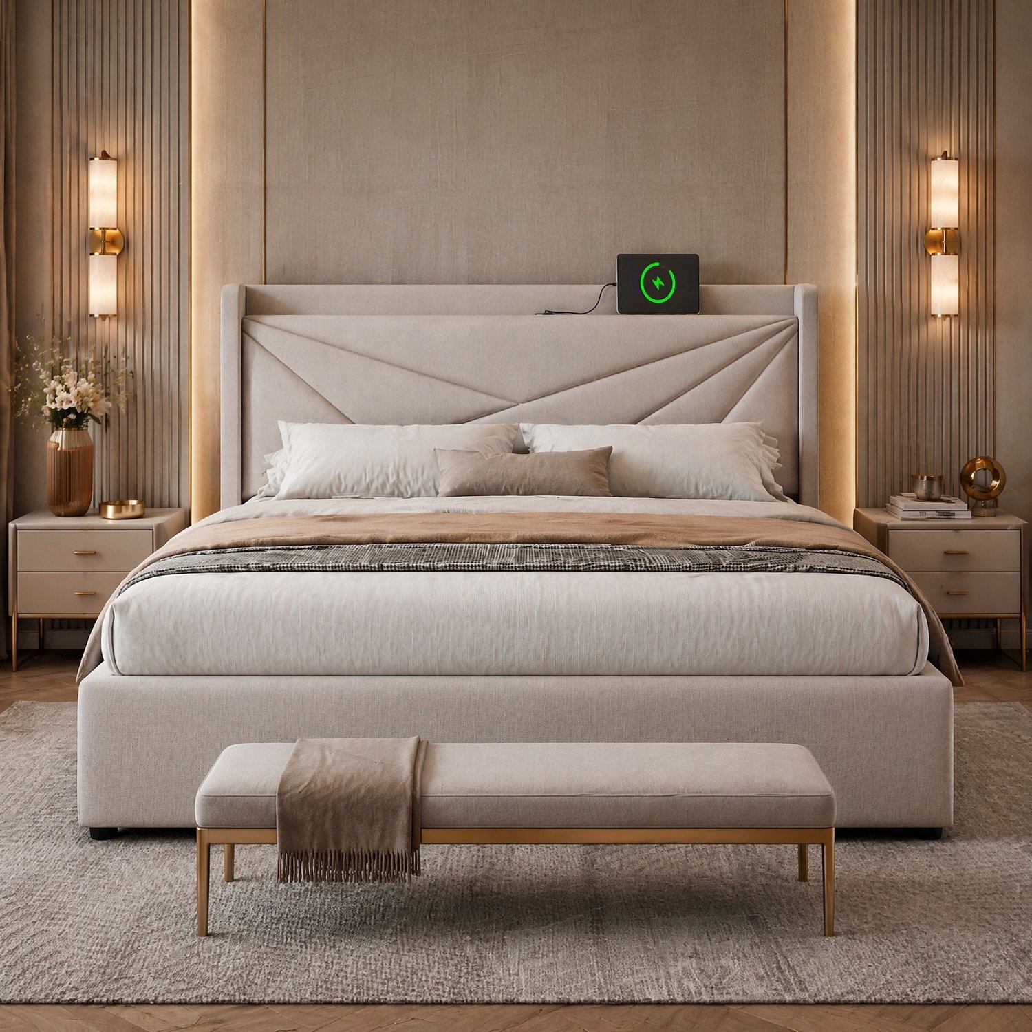 Maisentiel Gestoffeerd tweepersoonsbed met opbergruimte en USB-aansluitingen - beige - 160 x 200 cm