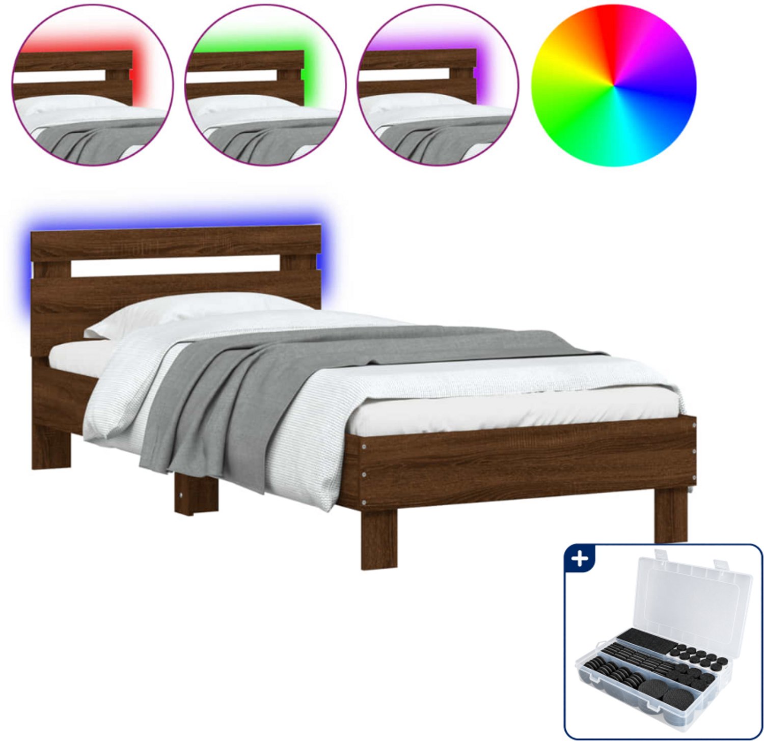 vidaXL Bedframe met hoofdbord en LED - 90 x 190 cm - bruineiken - Inclusief antikrasvilt 177-delig