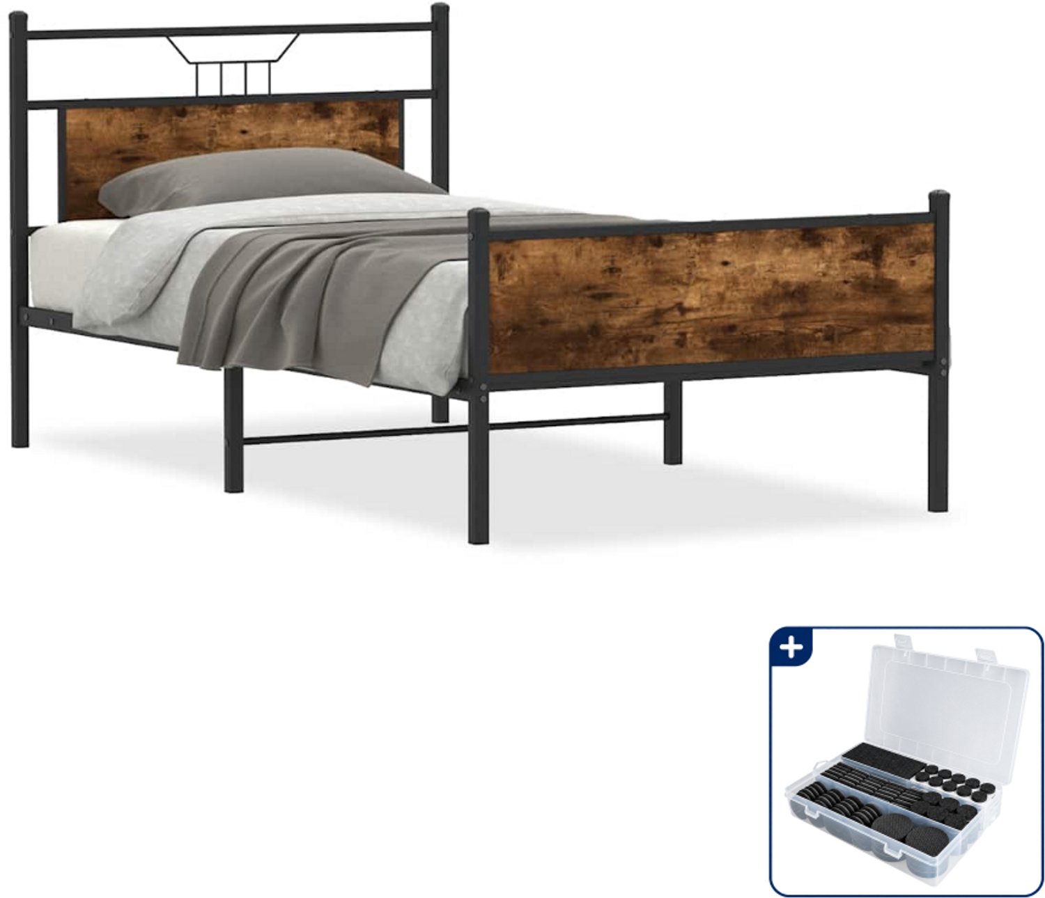 vidaXL bedframe - 100 x 190 cm - bewerkt hout en staal - gerookt eiken - Inclusief antikrasvilt 177-delig Bruin
