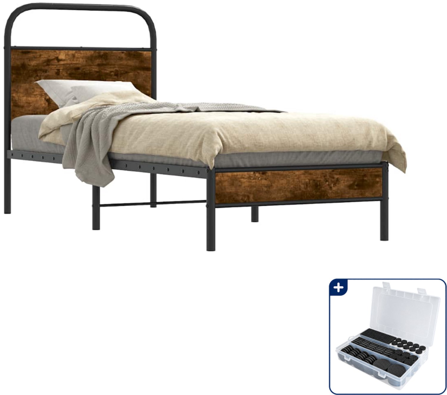 vidaXL bedframe 75 x 190 cm - bewerkt hout - gerookt eiken - Inclusief antikrasvilt 177-delig Bruin