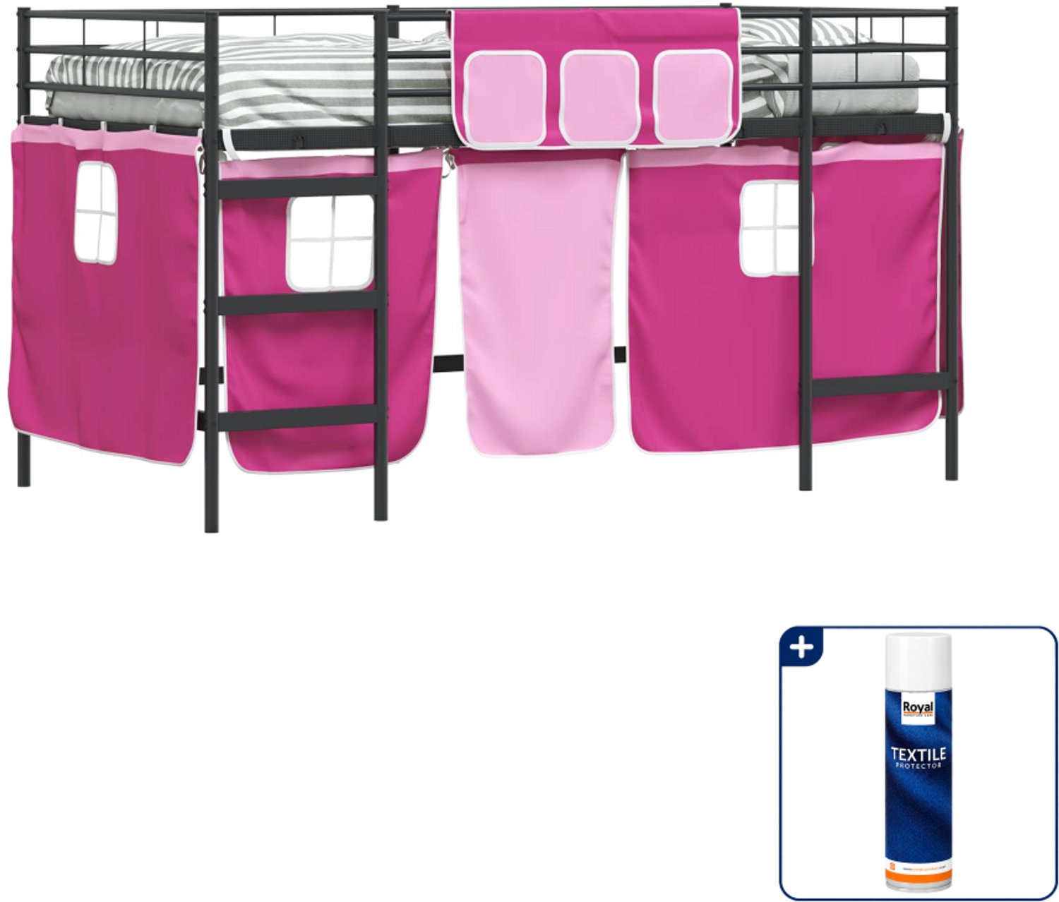 vidaXL kinderhoogslaper met gordijnen - 107 x 203 cm - metaal - zwart - Inclusief textielbeschermer 500 ml
