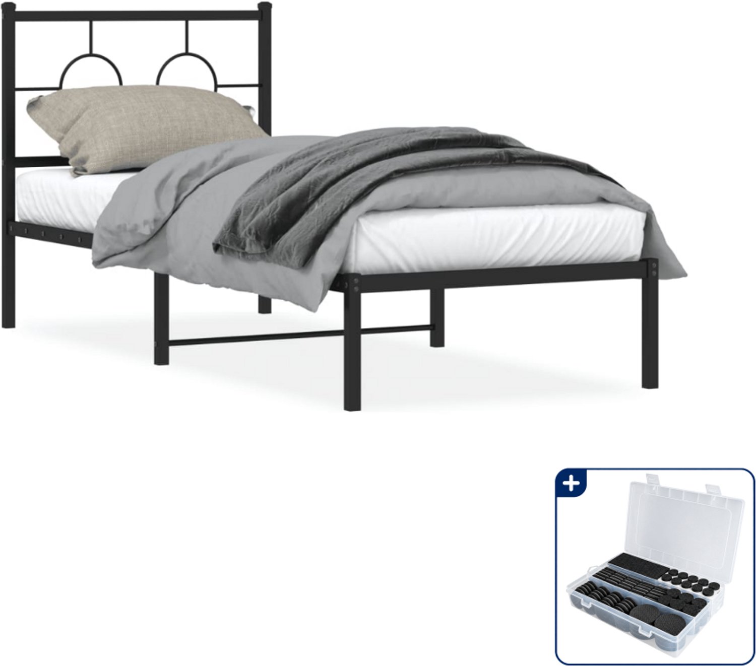 vidaXL bedframe met hoofdbord - 80 x 200 cm - staal - zwart - Inclusief antikrasvilt 177-delig
