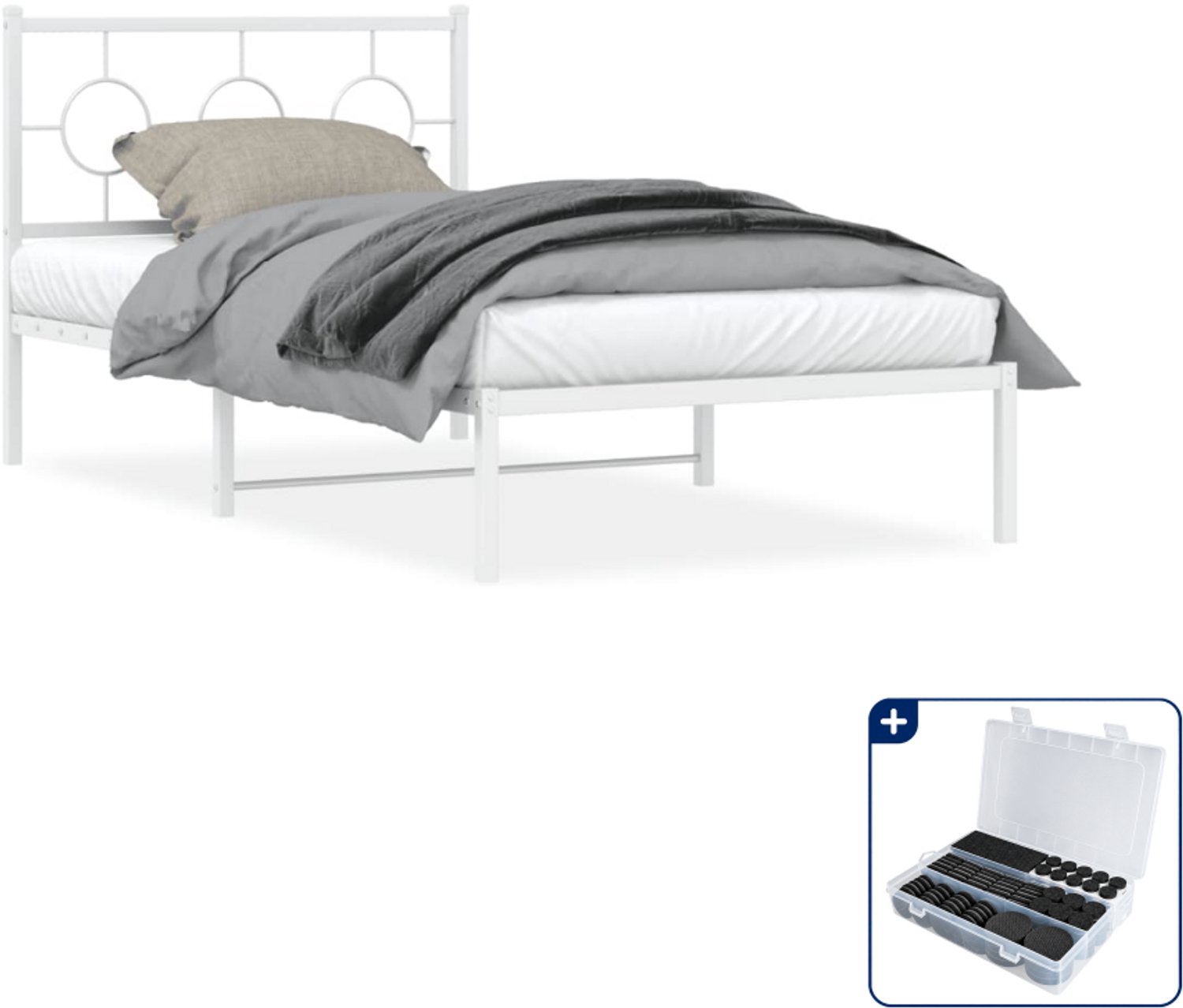 vidaXL bedframe met hoofdbord - 100 x 200 cm - staal - wit - Inclusief antikrasvilt 177-delig