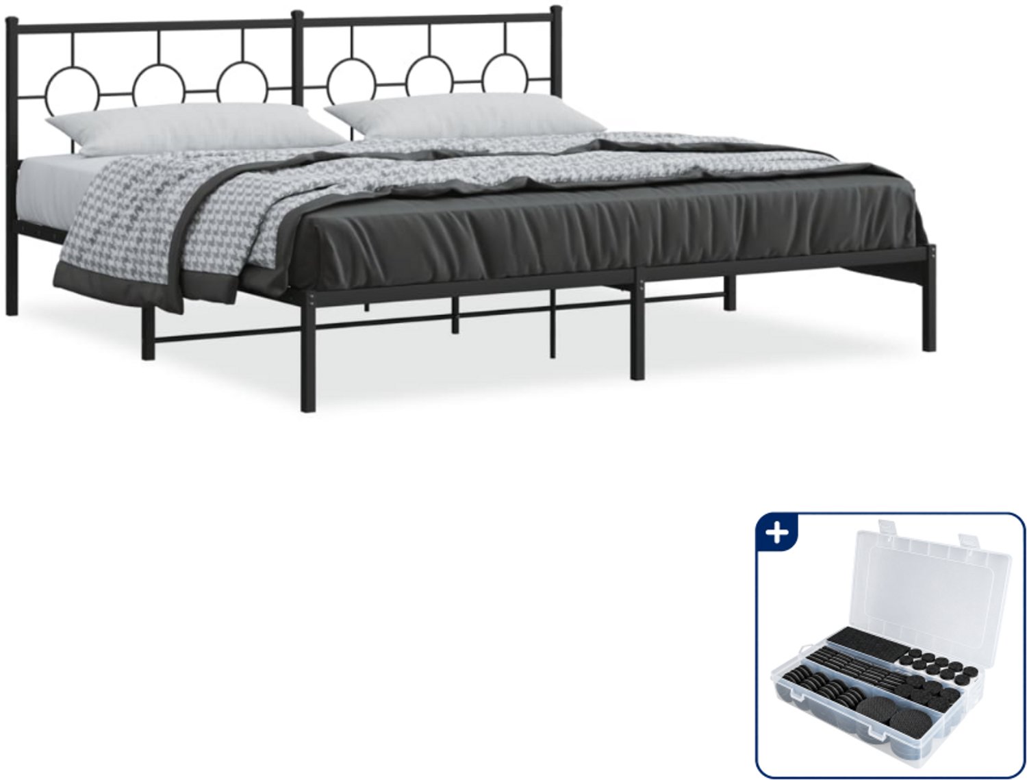 vidaXL bedframe met hoofdbord - 193 x 203 cm - staal - zwart - Inclusief antikrasvilt 177-delig
