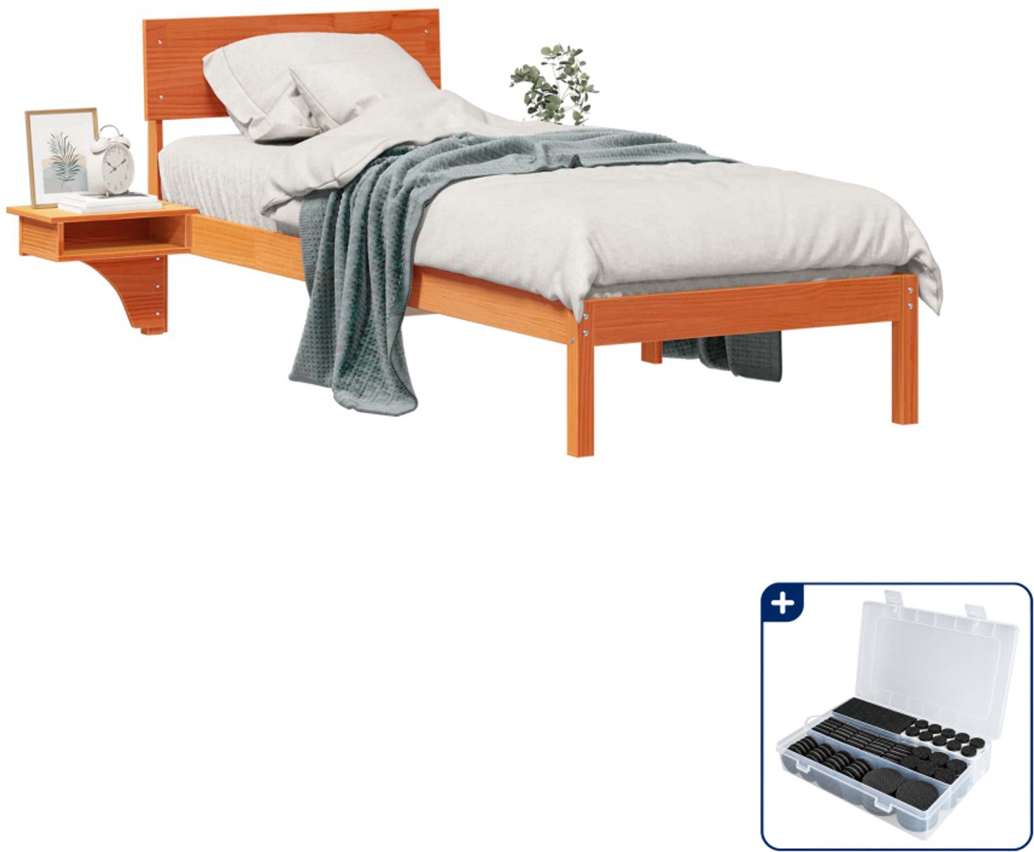 vidaXL bedframe met hoofdeinde - 75 x 190 cm - massief grenen - wasbruin - Inclusief antikrasvilt 177-delig