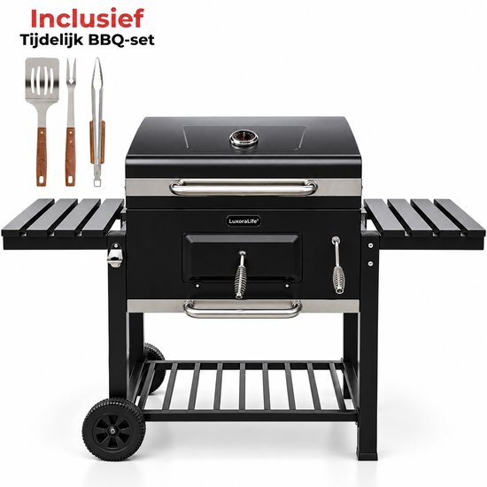 LuxoraLife - Titan 2.0 Houtskool BBQ & Smoker – PFAS vrij –Verstelbaar Kolenrooster – Grilloppervlak 57 x 42 cm – Zwart