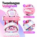 Roze rolschaats met eenhoorn- en hartjespatroon, voorzien van een dubbel sluitsysteem met boven- en ondergesp.