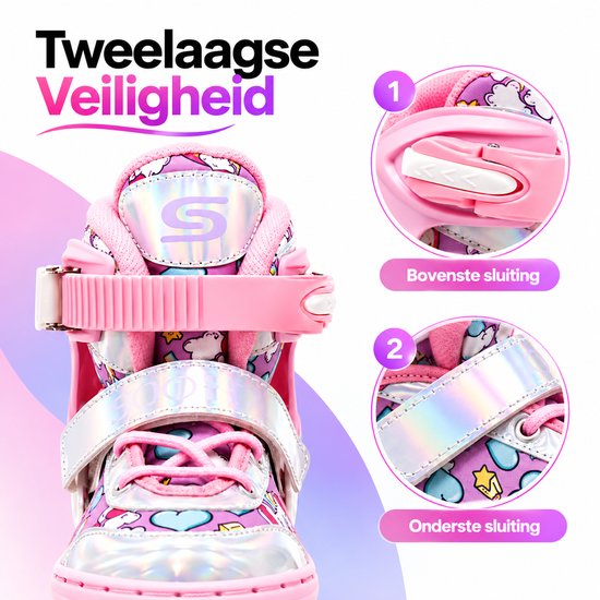 Roze rolschaats met eenhoorn- en hartjespatroon, voorzien van een dubbel sluitsysteem met boven- en ondergesp.