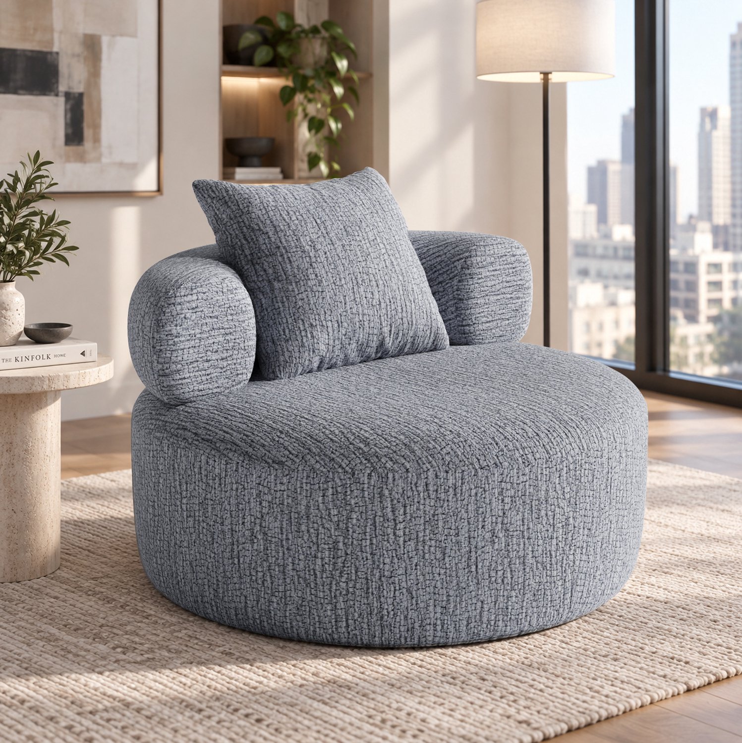 MIVRAY Zitzakstoel 100 x 100 x 65 cm - Rond met Kussen en Schuimvulling - Voor Woonkamer en Slaapkamer - Chenille - Grijs