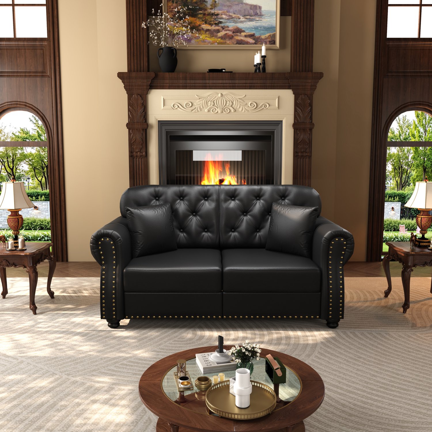 MIVRAY Chesterfield Bank 160 cm - Tweezitsbank met Knoopstiksel en Rolarmleuningen - Voor Woonkamer en Ontvangstruimte - Kunstleer - Zwart