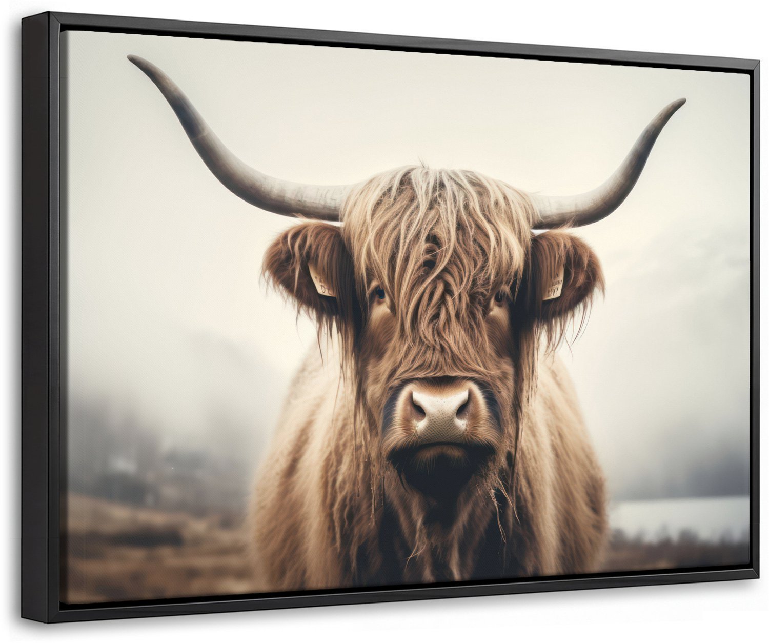 Canvas Schilderij met Baklijst 60x40cm - Schotse hooglander - Hoorns - Landschap - Muurdecoratie woonkamer - Slaapkamer decoratie - Kamer accessoires - Schilderijen op canvas met lijst