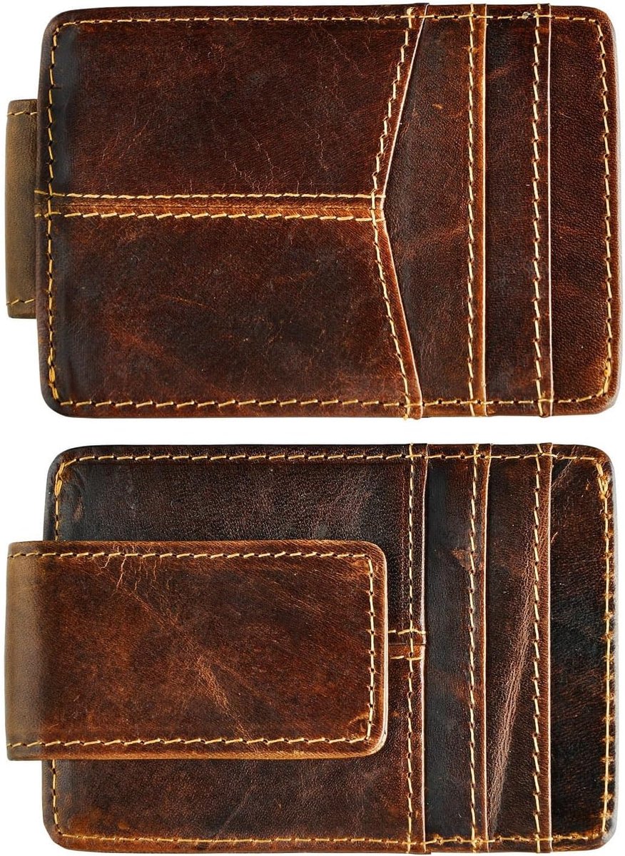 Heren Lederen Koeienhuid Kaartpakket Geldclip Creditcardhouder Handige slanke Portemonnee-magneet W1017