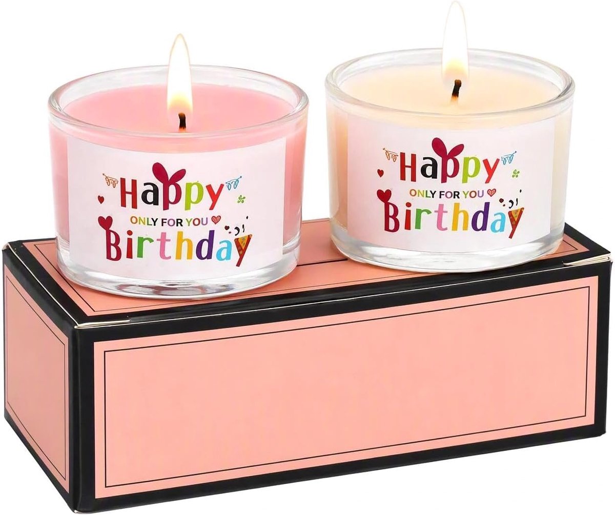 2 Geurkaarsen Verjaardag, Roze en Wit Happy Birthday