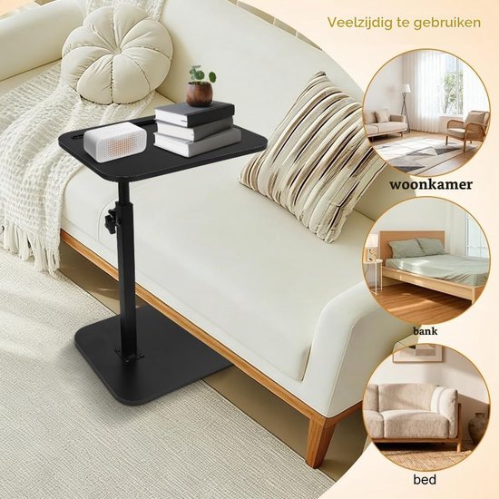 Bijzettafel C-vorm, 360° draaibaar en in hoogte verstelbaar banktafel, salontafel, woonkamertafel, koffietafel, zijtafel, bedtafel voor slaapkamer, bed, bed en kleine ruimtes (zwart) — afbeelding 5