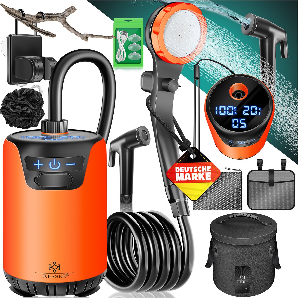 KESSER® Campingdouche X-Gear - mobiele douche met pomp en accu 8000mAh - 20L watertank - oranje/zwart