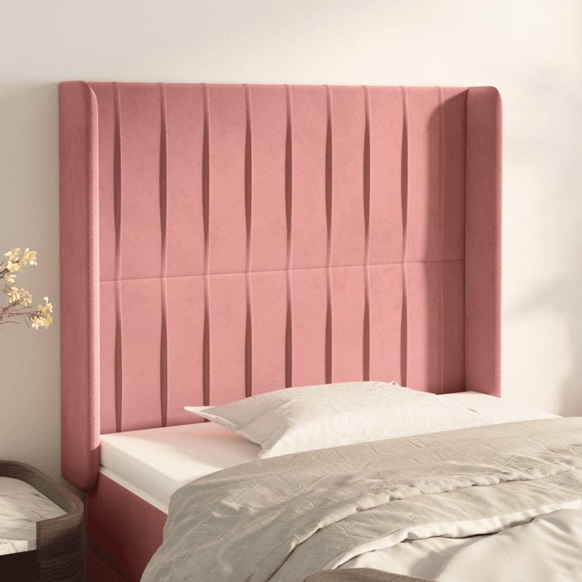 Hoofdbord met oren, roze, 93 x 16 x 118/128 cm, fluweel, hoofdeinde voor de slaapkamer, hotel, hoofdeinde, werkkamer, voor slaapkamer, tweede slaapkamer, hotel