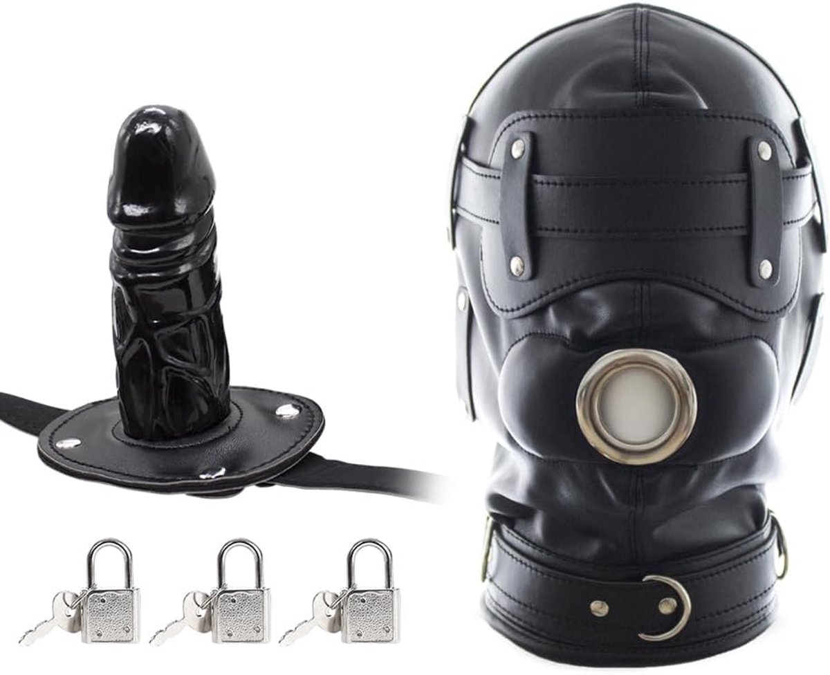 Bondage Masker Met Dildo Mond Gag 3 Lock Hoofd Masker SM Verstelbare Voor Paar Fetisj Seksspeeltje (L), Zwart