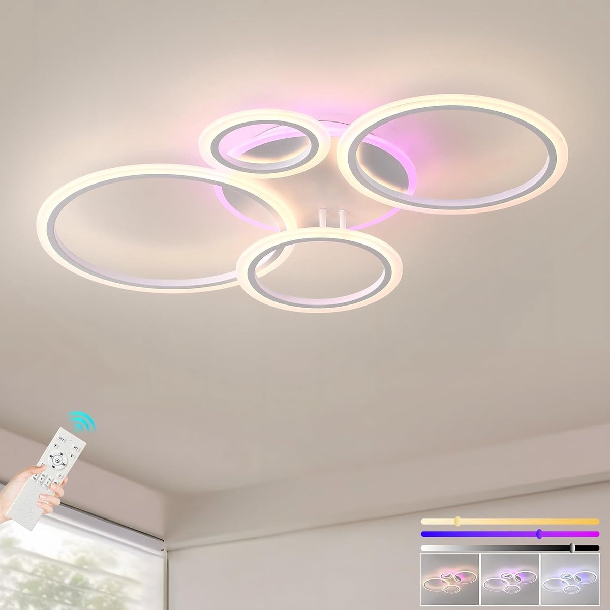 Plafondlamp, wit, 50 W, moderne ledlamp met 4 ringen, dimbaar