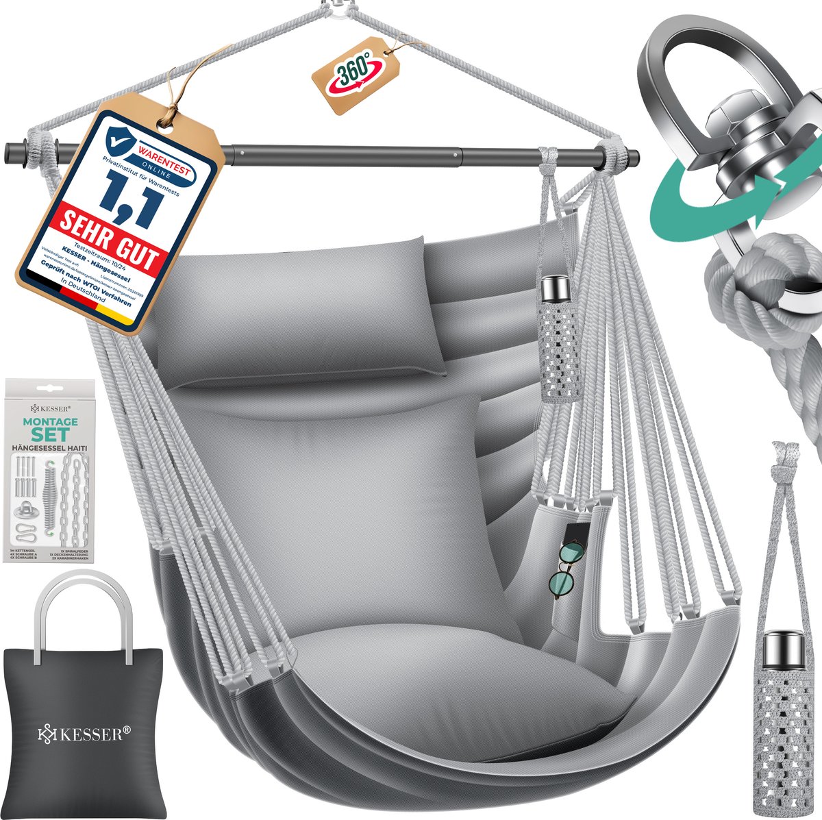 KESSER® Hangstoel Haiti - 360° draaibaar - 150 kg draagvermogen - Incl. 2 kussens - Grijs/Antraciet