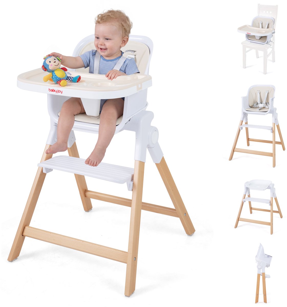 COSTWAY 4-in-1 babykinderstoel inklapbaar, kinderstoel met dienblad (Beige)