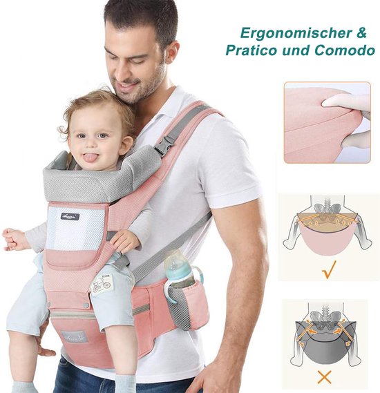 CHICFURN Roze Babydraagzak met Heupzitje voor Ouders, Baby's en Peuters, Geschikt voor Verschillende Draagwijzen en Groeifasen, met Afzonderlijk Te Gebruiken Schouderbanden en Heupzitje, Ademend Katoen en Opbergtas — afbeelding 2