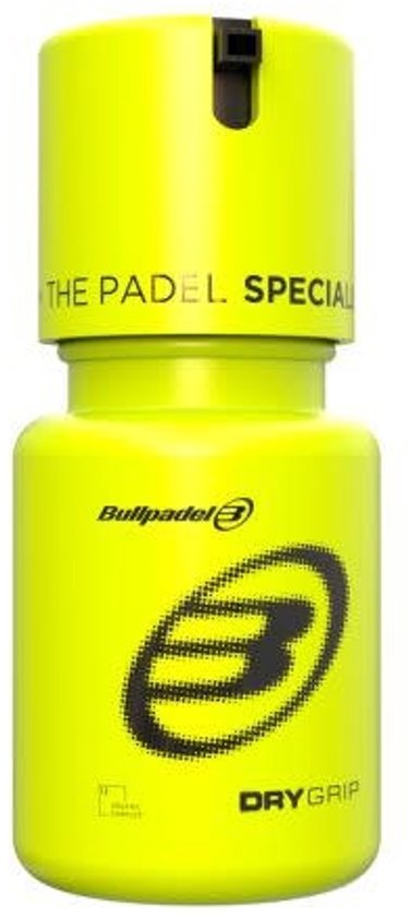Flacon Bullpadel Dry Grip jaune fluo avec le logo "B" et le texte "THE PADEL SPECIAL DRY GRIP".