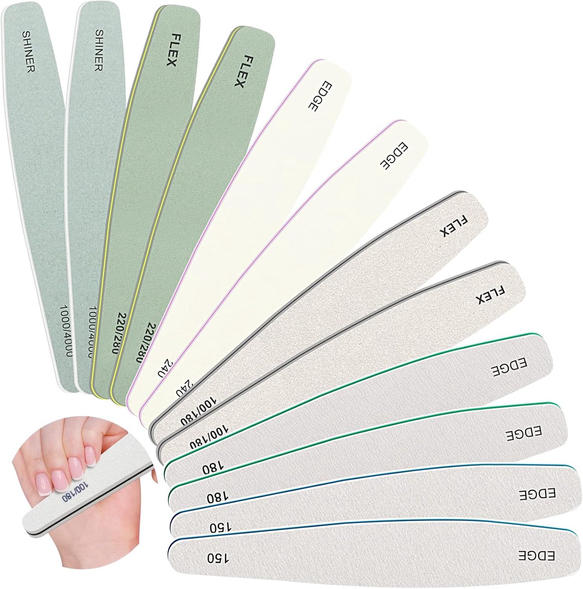 SnelShoppen - 12-delige Professionele Nagelvijl Set - Dubbelzijdige, Wasbare Nagelvijlen voor Gel- en Acrylnagels - 100/150/180/220/240/280/1000/4000
