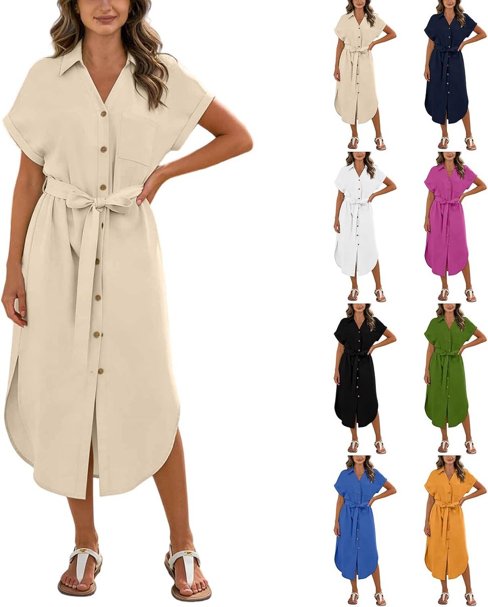 Lang blousejurk, zomerjurk, korte mouwen, V-hals, knoopsluiting, met riem en zak