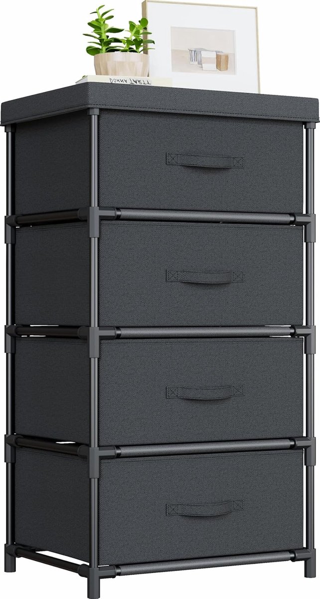 SnelShoppen - Fabric Chest of Drawers 4-Lades Opbergmeubel met Stalen Frame - Zwart - Ideaal voor Slaapkamer, Woonkamer, Hal, Kantoor en Kasten